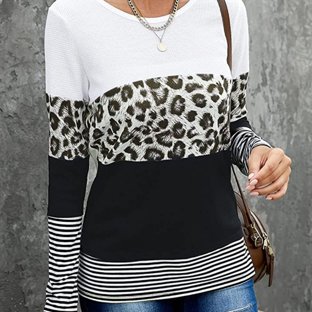 Women's Colorblock Leopard Stripe Long Sleeve Tee - White/Black